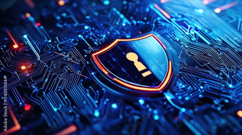 Poster digital shield concept with keyhole on circuit board background, representing cybersecurity and data