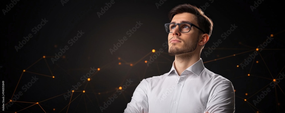 Poster professional change networking concept. confident man in glasses with a thoughtful expression agains