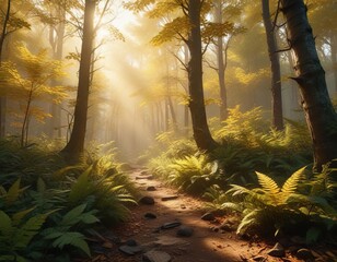 Obraz premium Dense forest with golden light filtering through the leaves, rural countryside, serene atmosphere