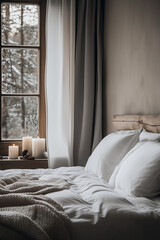 Minimalist Cozy Rustic Bedroom with Light White and Grey Interior Aesthetics