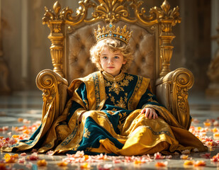 Obraz premium Historical style image of a young golden haired boy sitting on a golden throne. AI generation