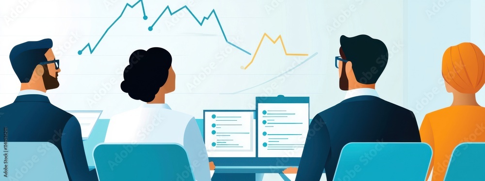 Poster business meeting with analytics discussion, professionals analyzing data trends with graphs, charts 