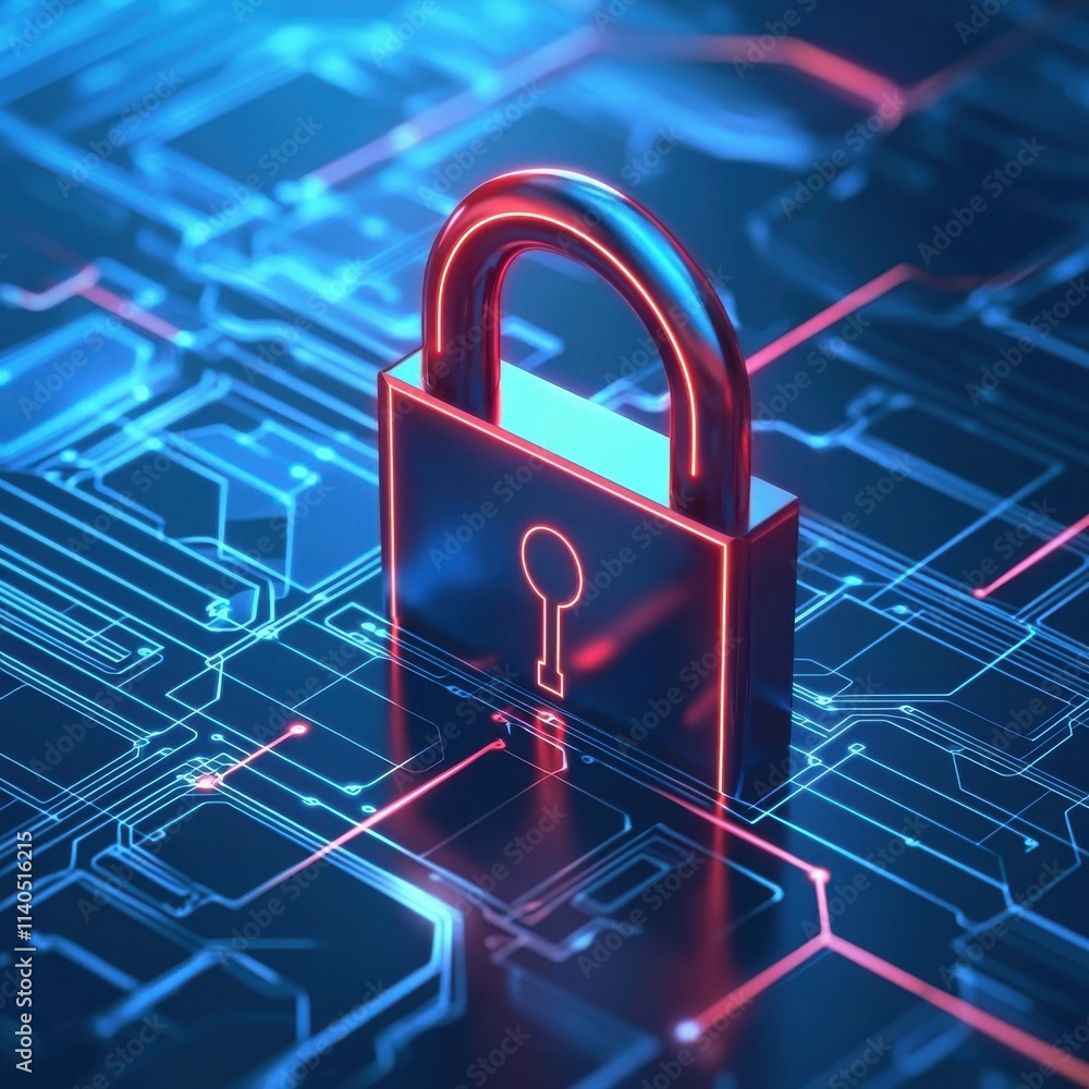 Poster digital security lock representing cyber protection and data privacy in a technological environment 