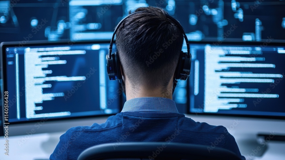 Aufkleber focused male programmer working on multiple monitors in a dark room with code displayed, emphasizing