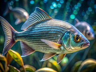 Fototapeta premium Macro Silver Line Fish Photography: Close-Up Detail, Aquatic Life, Sparkling Scales, Underwater World, Nature Photography