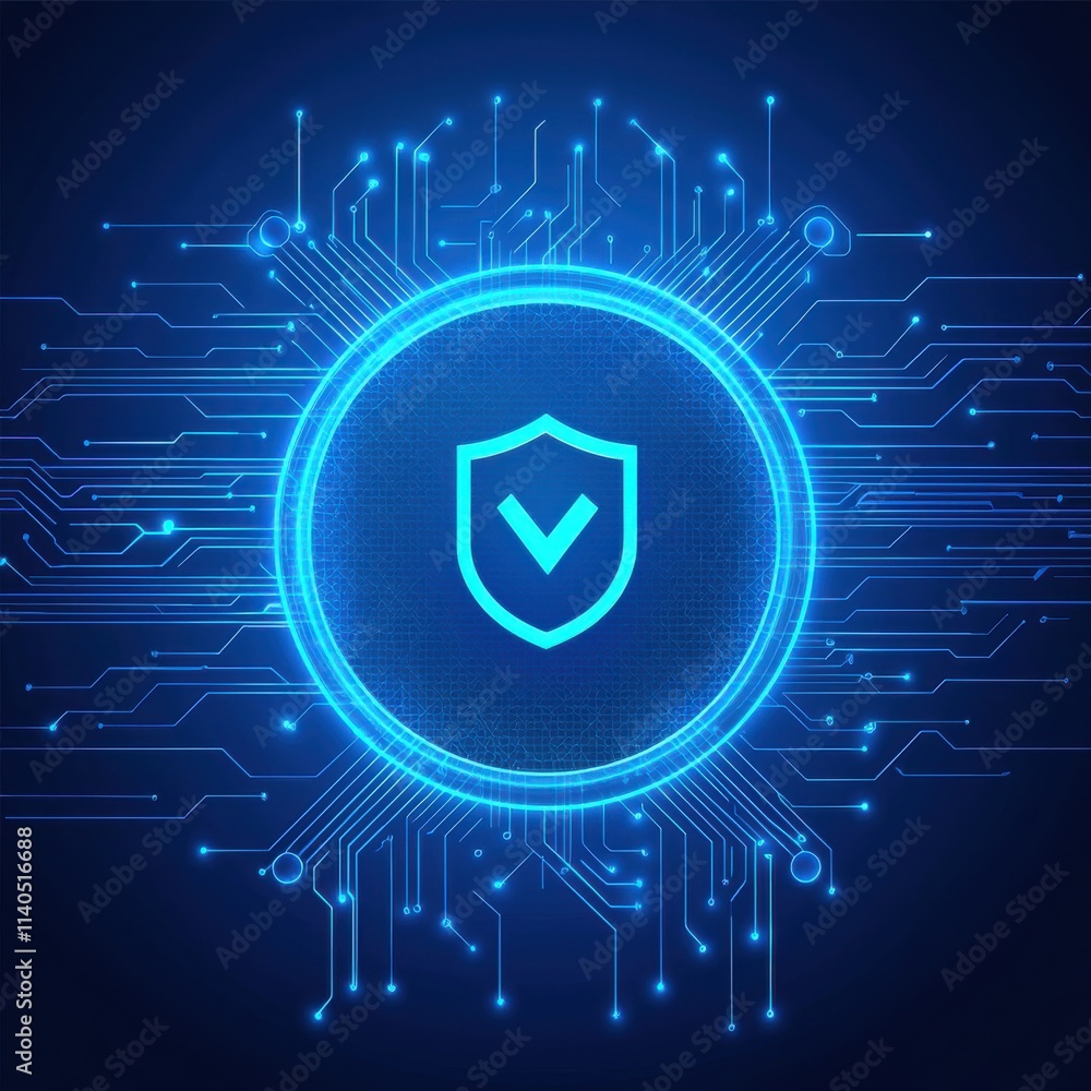 Poster futuristic digital shield icon with circuitry background representing cybersecurity, data protection