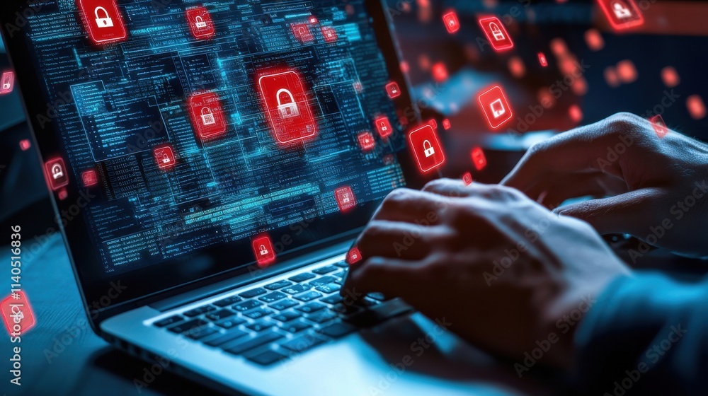 Poster hands typing on laptop keyboard surrounded by cybersecurity icons representing data protection and d
