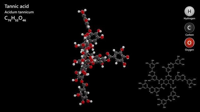 Tannic Acid. Animated 3D model of a molecule. Molecular formula: C76H52O46. Chemical model: Ball and sticks. Black background. 3D rendering. Seamless loop.