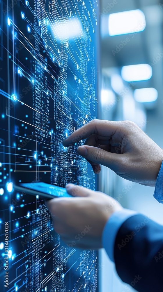 Poster close-up of a businessman interacting with a digital interface using smartphone, illuminated data pa