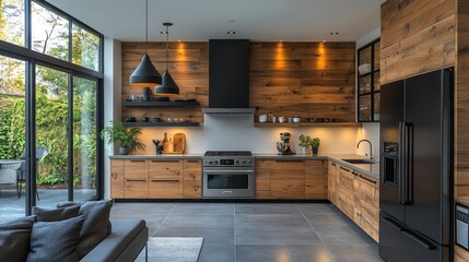 Fototapeta premium Modern kitchen with wood cabinets, black appliances, and large window.