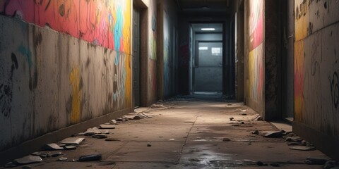 Fototapeta premium Dusty, dimly lit hallway with cracked concrete floor and faded graffiti, graffiti, broken glass