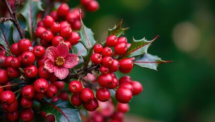 Obraz premium A close-up of vibrant red berries and a flower against a blurred green background.