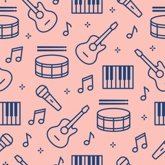 Seamless pattern with outline music instruments. Background for banner, poster, flyer, print