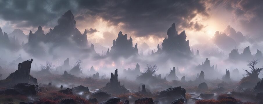 Ethereal, ghostly apparitions hovering above a fog-shrouded, eerie landscape, ethereal, abstract