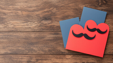 Valentine's Mustache concept. Valentine Day cards with mustache design on wooden background