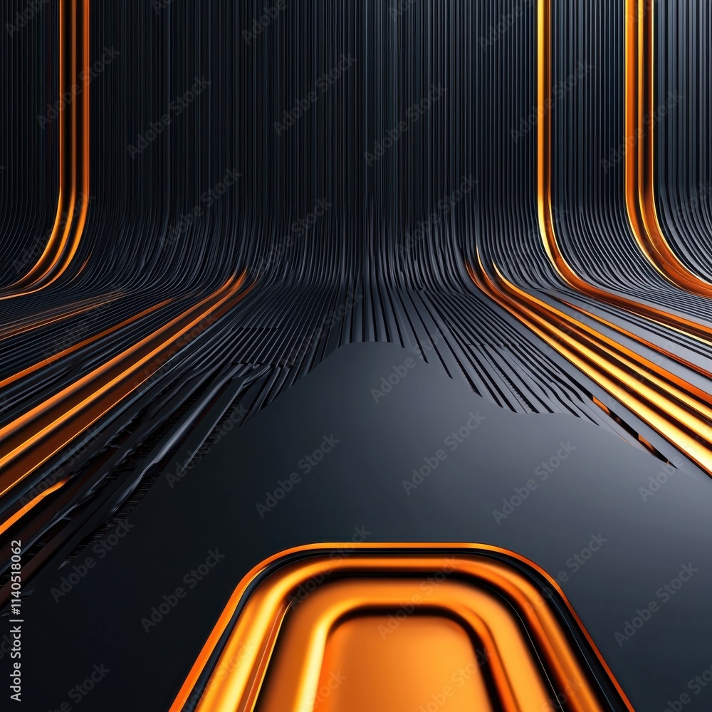 Poster futuristic abstract background with curved golden lines and dark metallic surface creating a dynamic