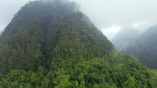 Dramatic Aerial Scene of Towering Mountain Peaks, Dense Rainy Forests  and Volcanic Lava Canyon in Foggy Weather