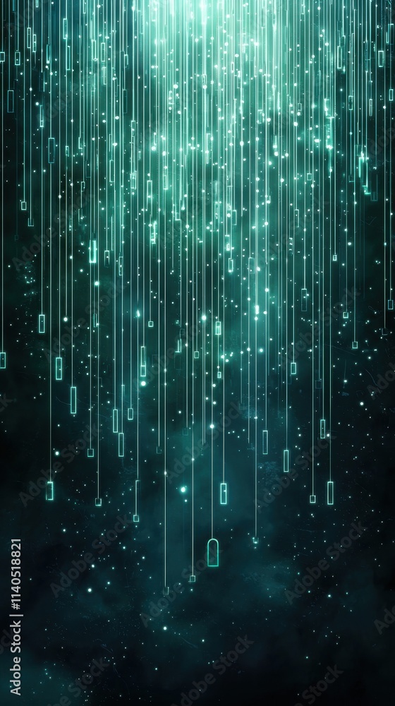 Poster abstract digital background with glowing strings and particles creating a futuristic aesthetic for m