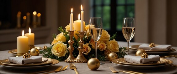 Golden Elegance: A luxurious table setting with gold accents, flickering candles, and a centerpiece of yellow roses radiates warmth and sophistication. Perfect for a special occasion, romantic dinner.