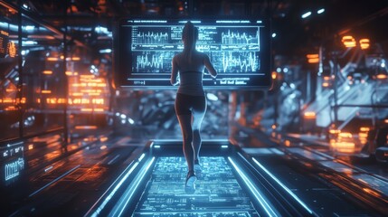 Running on a high-tech treadmill futuristic gym digital fitness urban environment back view innovation and health
