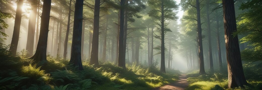 Softly glowing sunlit forest with tall trees and lush greenery, sunlight, shadows - Powered by Adobe