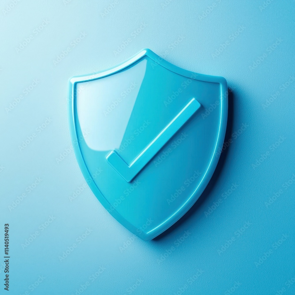 Poster blue shield icon with checkmark on light background representing security and protection in digital 