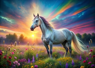 Obraz premium Magical Rainbow Horse Photography: Stunning Photos of Horses with Rainbow Effects