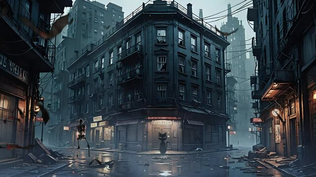 Atmospheric digital painting of a dark, rain-swept corner building in a city at night, featuring a mysterious figure.