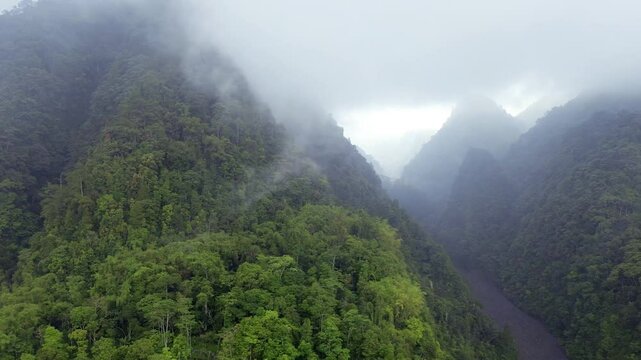 Dramatic Aerial Scene of Towering Mountain Peaks, Dense Rainy Forests  and Volcanic Lava Canyon in Foggy Weather