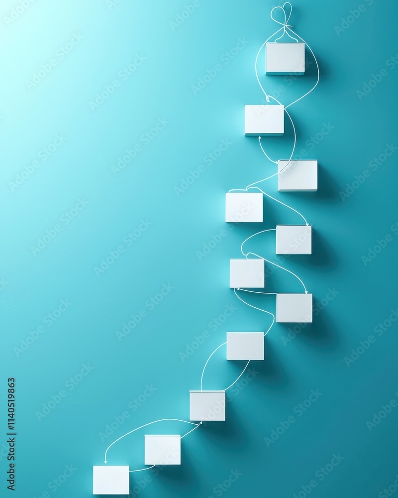 Poster abstract conceptual illustration of a vertical flow chart with blank squares and lines over a teal b