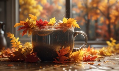 Glint of light dancing on the surface of a mug filled with water amidst an autumnal arrangement, reflection, seasonal ambiance