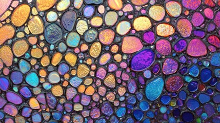 A glowing abstract background of mosaic glass with multicolored hues, intricate details, and radiant highlights.