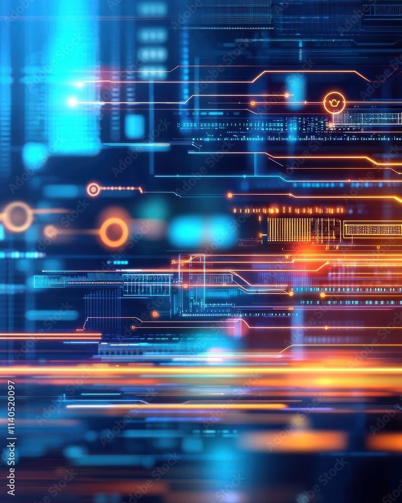 Poster futuristic digital background with vibrant neon lines and circuit patterns for technology and scienc