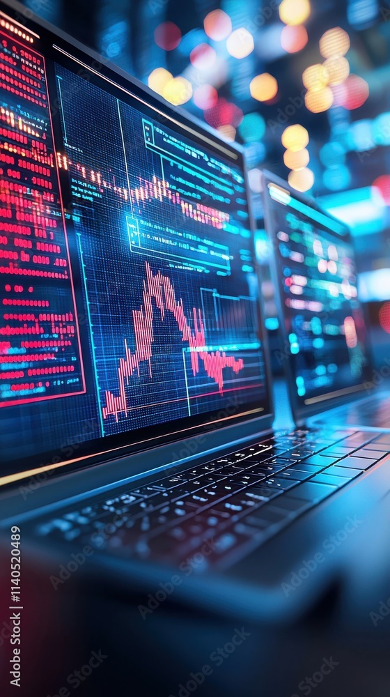 Poster modern laptop displaying colorful stock market data with graphs and statistics in a dynamic financia