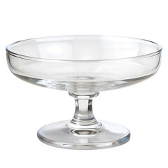 Dessert glass - A small, transparent glass dish with a stem, perfect for serving desserts like mousse or pudding. Hovering on a transparent background, shadow-free.