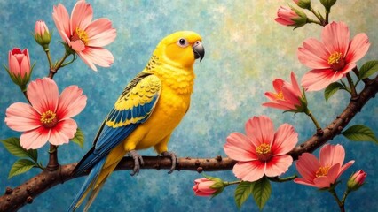 Australian budgie on flowering tree branch in impressionistic style  