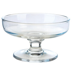 Dessert glass - A small, transparent glass dish with a stem, perfect for serving desserts like mousse or pudding. Hovering on a transparent background, shadow-free.