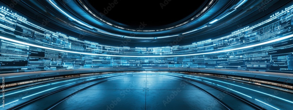 Poster futuristic digital interface with glowing lines and data streams in a circular space for technology,