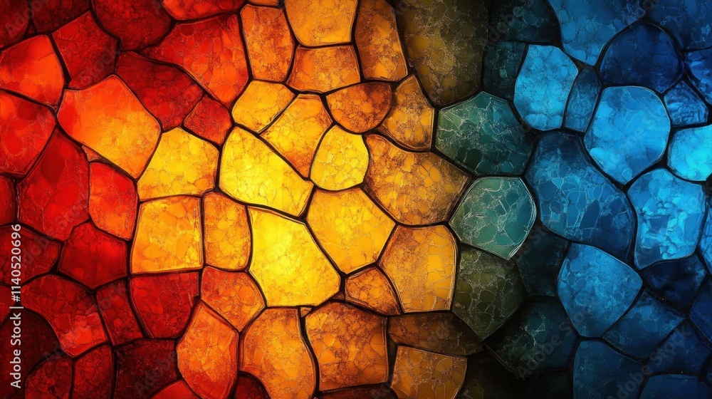 Poster a glowing abstract mosaic glass composition featuring a spectrum of colors and intricate textures, c