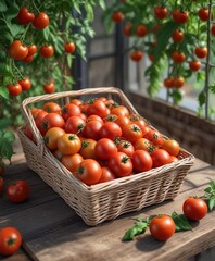 Fresh tomatoes arranged on a wicker basket in a greenhouse with a few leaves and stems, homegrown, greenhouse