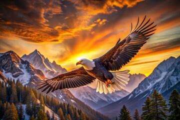 Naklejka premium Majestic Bald Eagle Soaring Above Mountain Peaks - Wildlife Photography