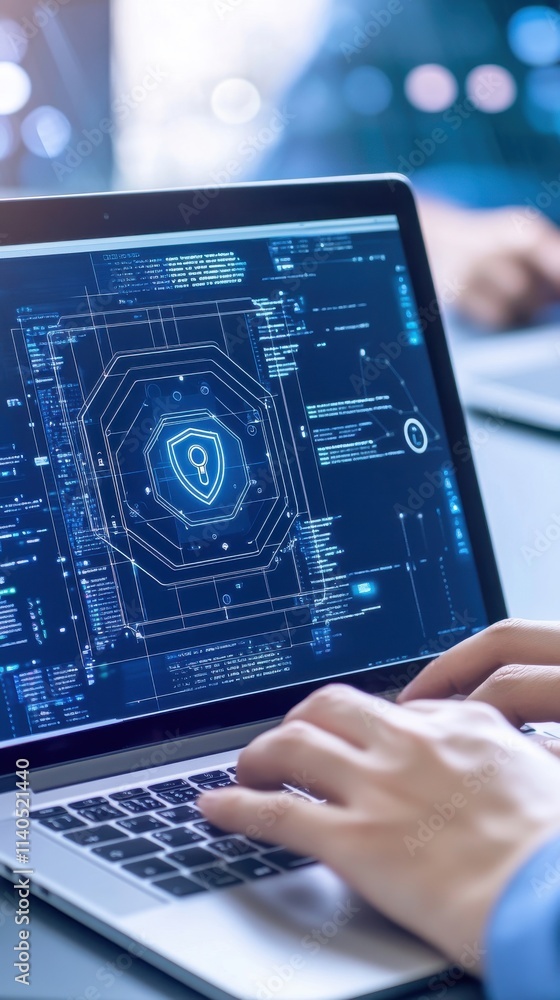 Poster close-up of hands using laptop with cybersecurity interface displaying data encryption and protectio