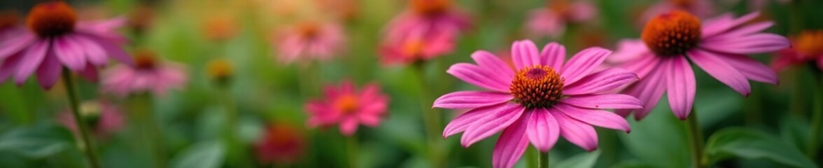Fototapeta premium High-angle shot of Echinacea purpurea in a garden, growth, flora