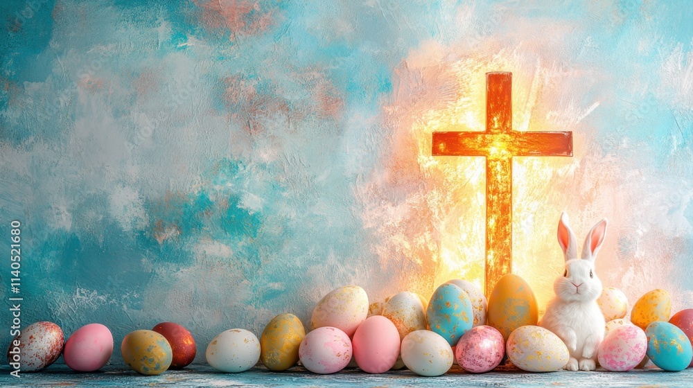 Poster a glowing cross surrounded by colorful easter eggs and a cute bunny rabbit on a soft pastel abstract