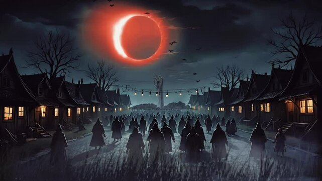 Ominous lunar eclipse casting a blood-red glow over a medieval village, shrouded in mystery and foreboding.  Silhouetted figures gather under the eerie celestial event.