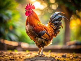 Fototapeta premium Majestic Brown Cockerel, One Leg Pose, High Depth of Field, Farm Animal Photography