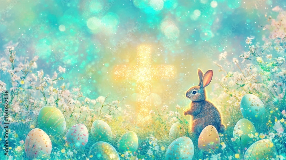 Poster a glowing cross surrounded by easter eggs and a bunny, set on an ethereal pastel abstract background