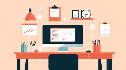Modern Workspace Design Featuring a Computer, Clipboard, Clock, and Decorative Elements for Creative Professionals and Home Office Environments