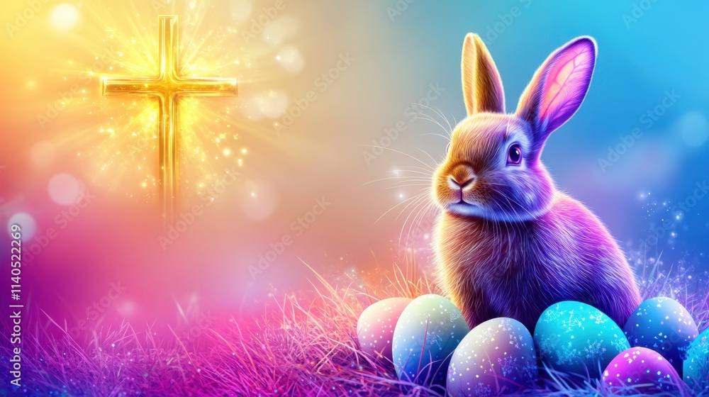 Poster a glowing golden cross and a bunny rabbit surrounded by eggs on a gradient abstract easter backgroun