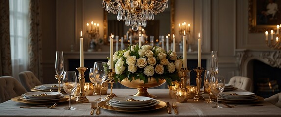 Golden Elegance Dinner Table Setting:  Exquisite candlelight and gold accents illuminate a lavish dining table, adorned with a centerpiece of white roses and a timeless elegance.
